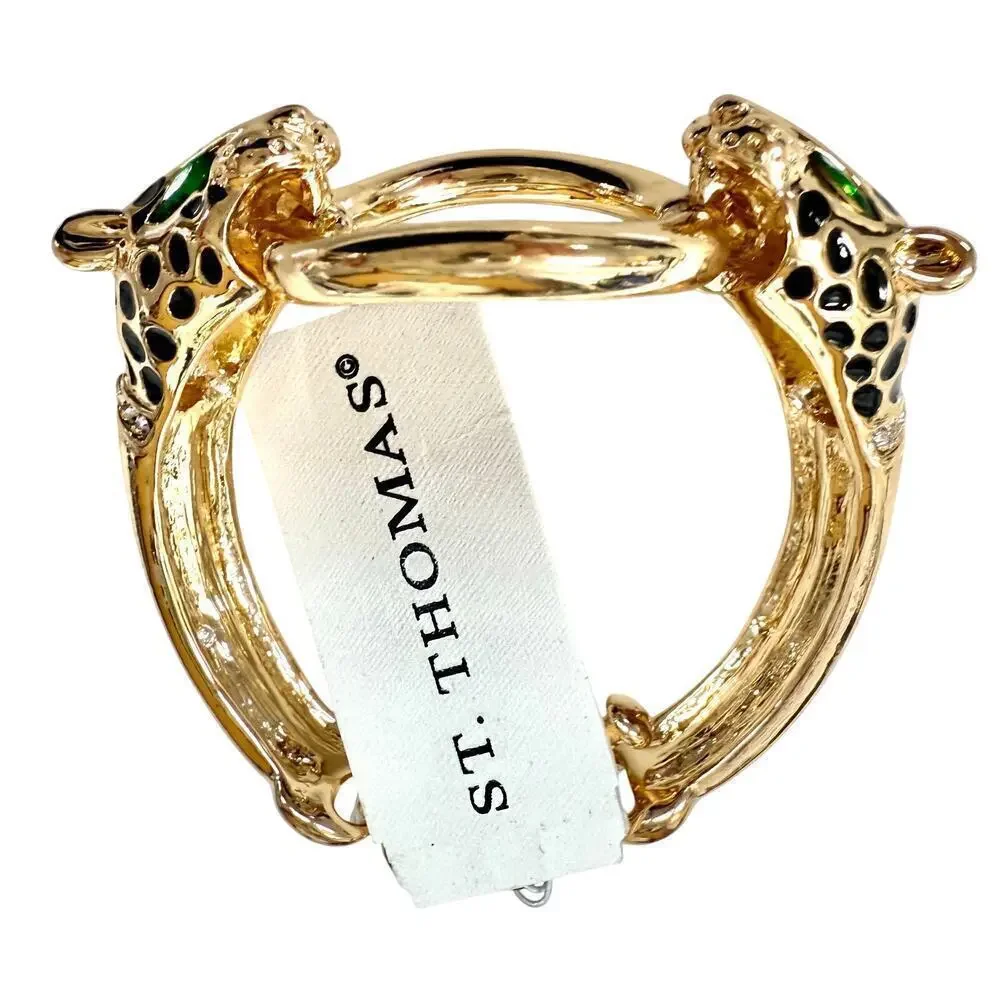 NEW Vintage St Thomas Gold Tone Green Eyes Double Leopard Head Toggle Bracelet